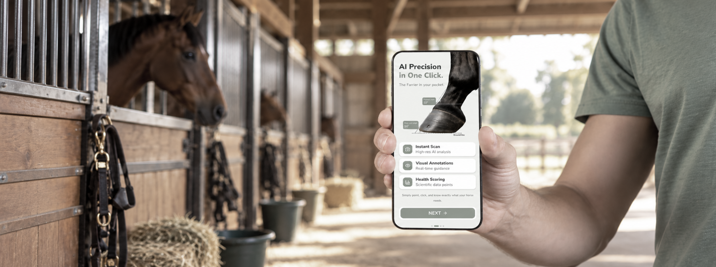 Smartphone displaying HoofScore's AI hoof assessment features, with horses in the background.