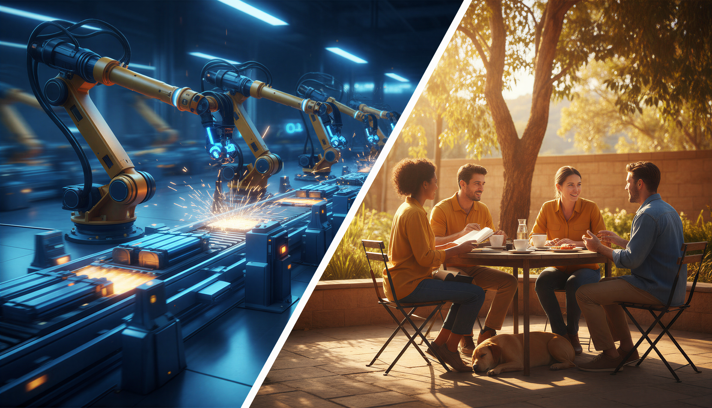 Split-scene image contrasting a high-speed battery manufacturing line with robotics and automation against a relaxed outdoor Australian café meeting where people are discussing ideas without technology