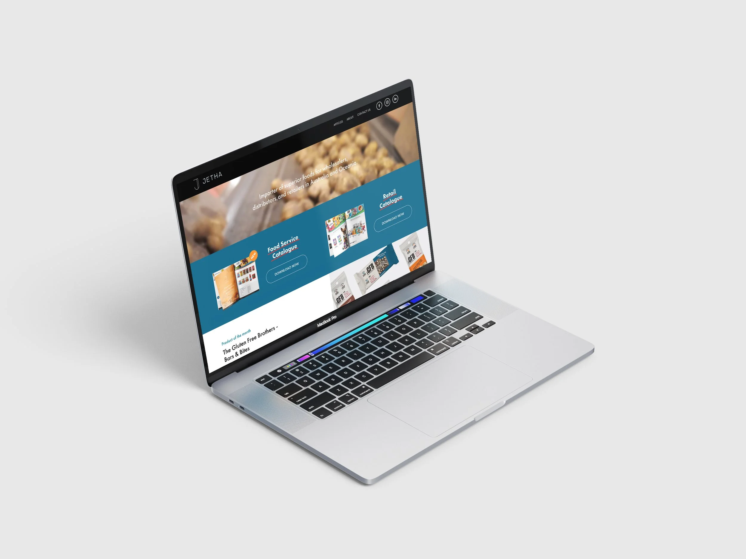 MacBook displaying Jetha food and beverage website representing Arrow’s full brand development, copywriting, and web design project integrating UX, content, and digital asset creation.