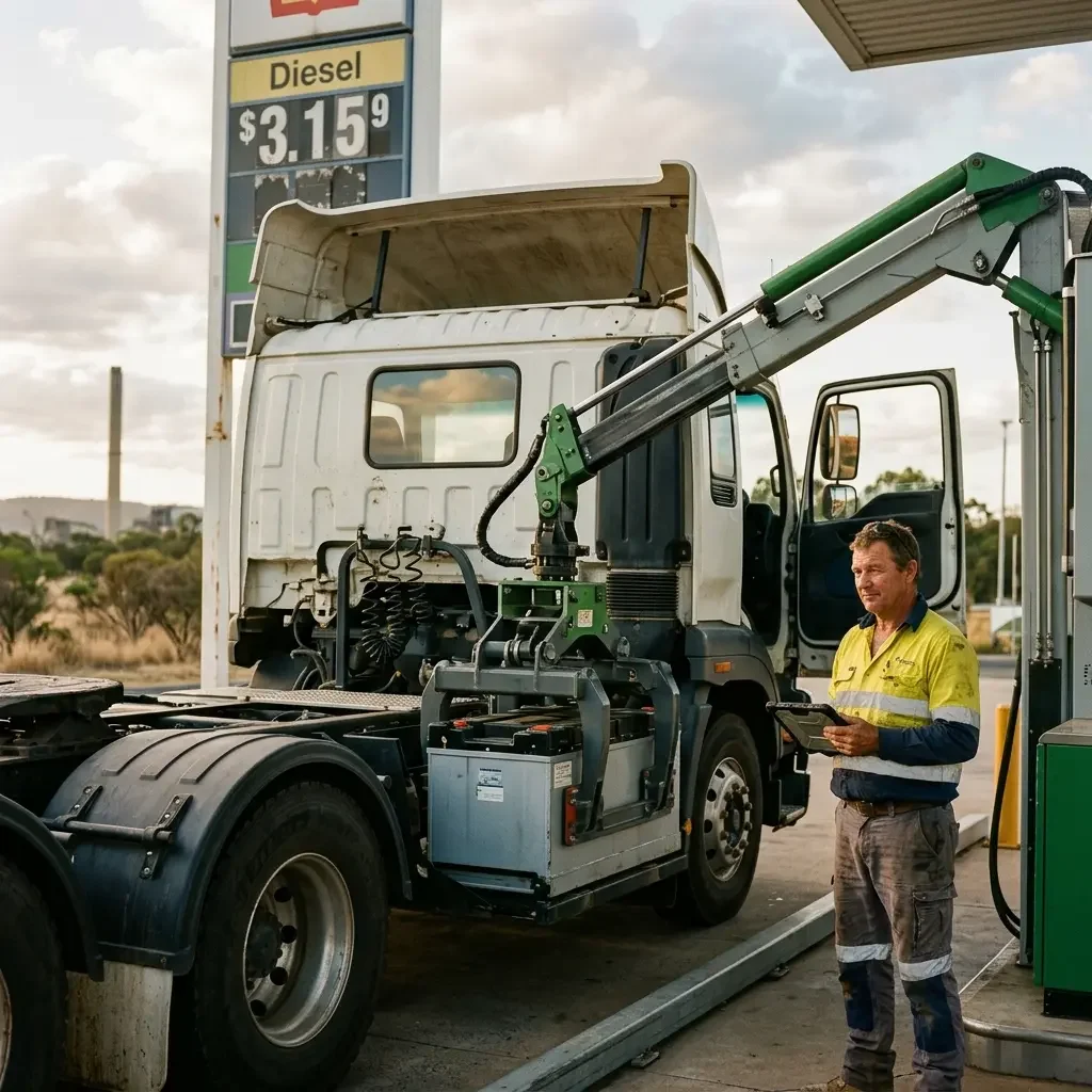 Electric semi-trailer swapping battery pack at service station, representing heavy transport electrification and reduced fuel dependency