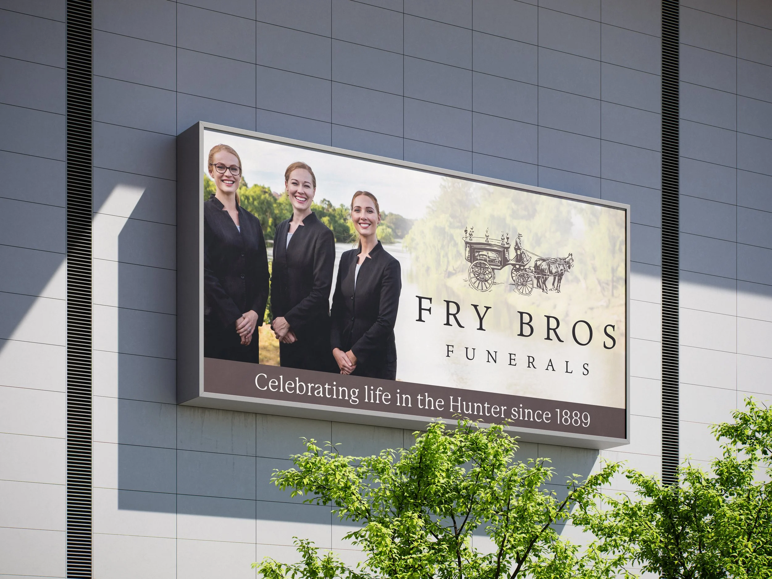Fry Bros Funerals billboard showcasing Arrow’s out-of-home advertising, branding, and creative campaign design services for Hunter Valley businesses.