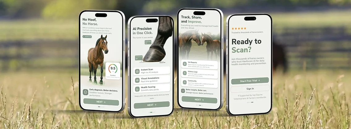 Four HoofScore app screens showing horse assessments, AI hoof scanning, monitoring features and scan setup.