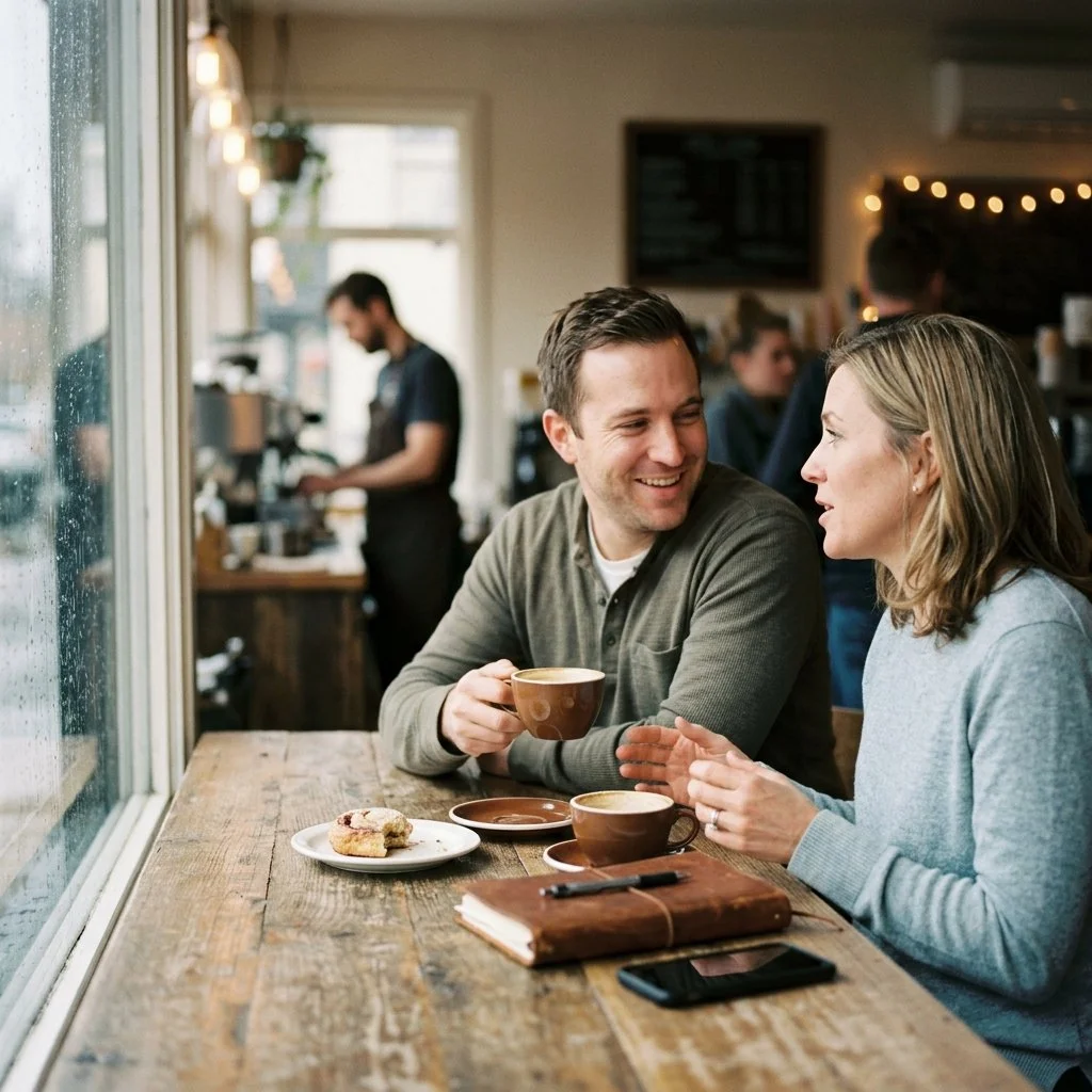 Two business people having a cafe conversation about current priorities and future opportunities.