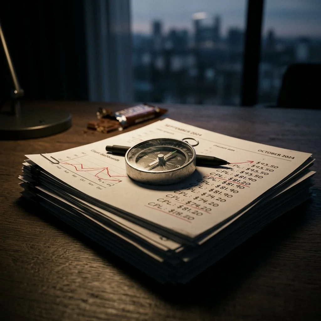 Compass on marketing performance reports showing rising cost per lead and the need to recalibrate digital strategy.