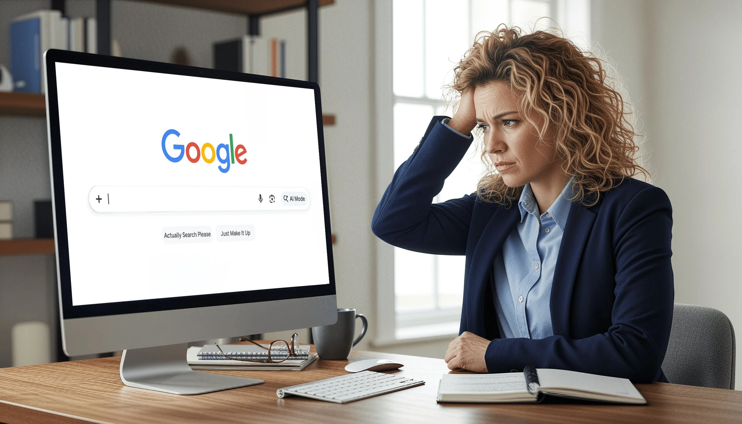 Australian business professional frustrated by unreliable AI-generated search results, reflecting time loss and factual inaccuracy in modern workplace tools.