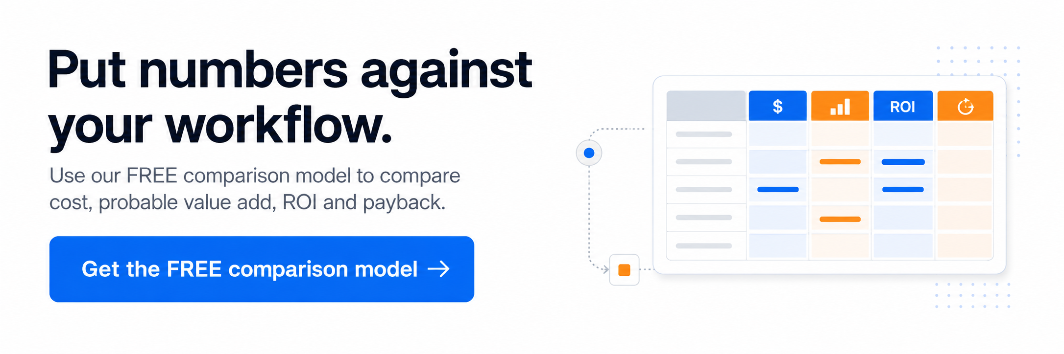 Free workflow comparison model for cost, probable value add, ROI and payback.