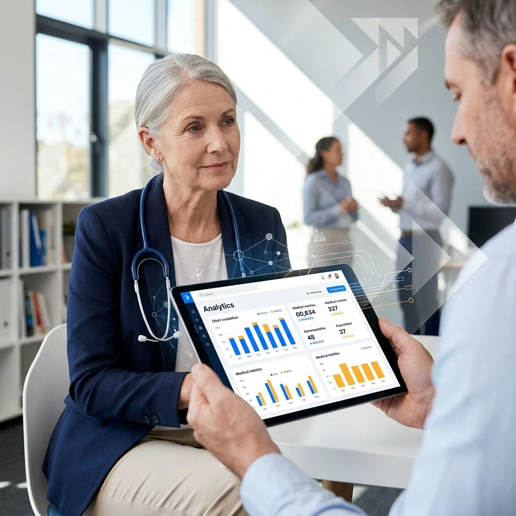 Doctor reviewing AI-assisted clinical information disclosed during patient consultations, illustrating governance, patient consent and medical AI deployment in Australian healthcare.