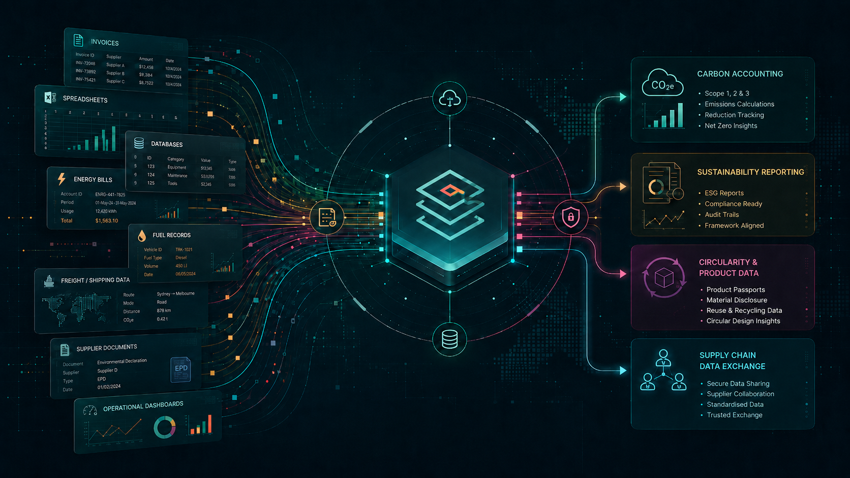 SDM-X sustainability data workflow connecting invoices, spreadsheets, databases, energy bills, fuel records and supplier documents to carbon accounting, reporting, circularity and supply-chain exchange.