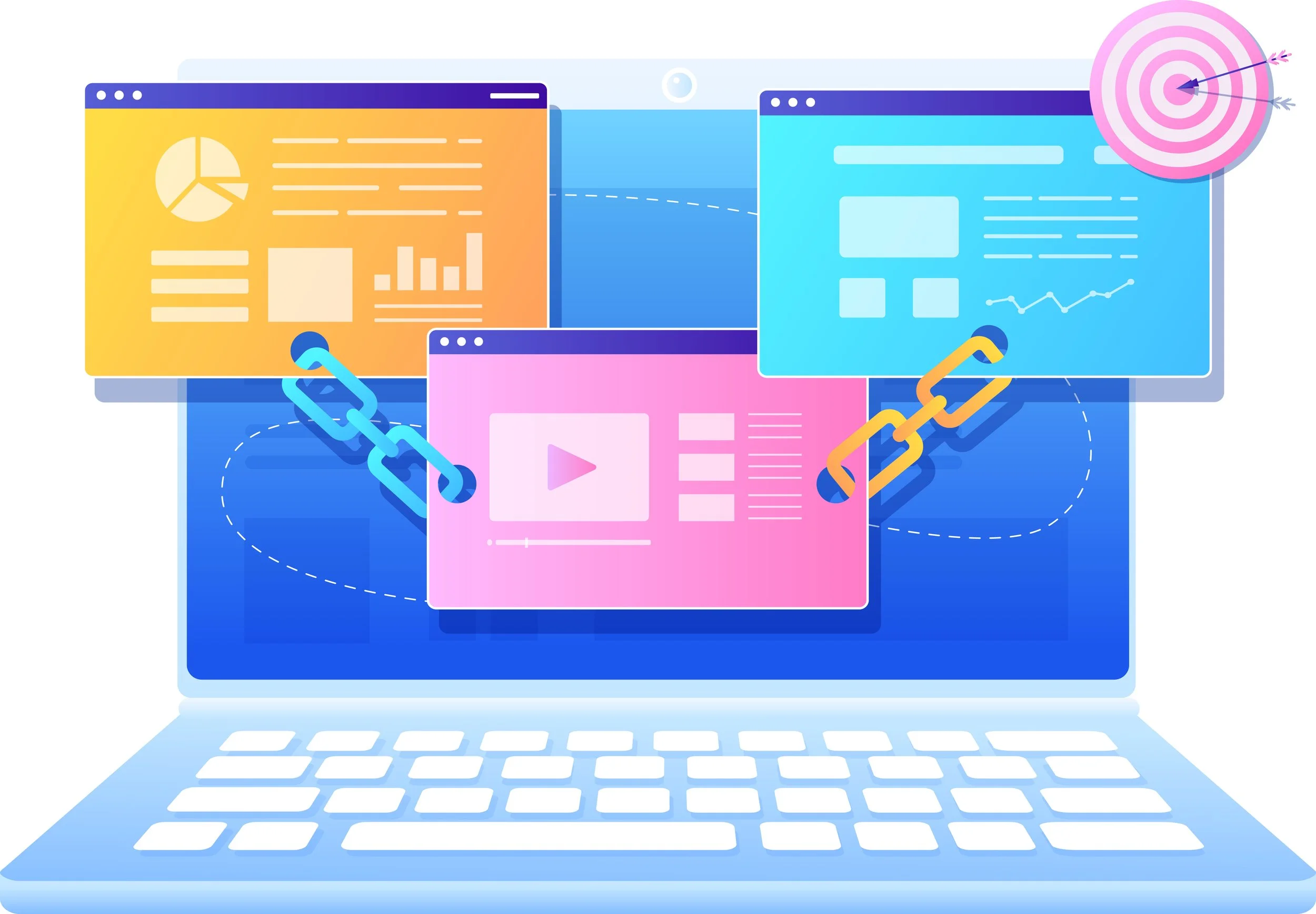 Digital illustration representing Arrow’s offsite SEO and link building services — showing interconnected content, backlinks, and authority signals that strengthen search engine rankings for Australian businesses.