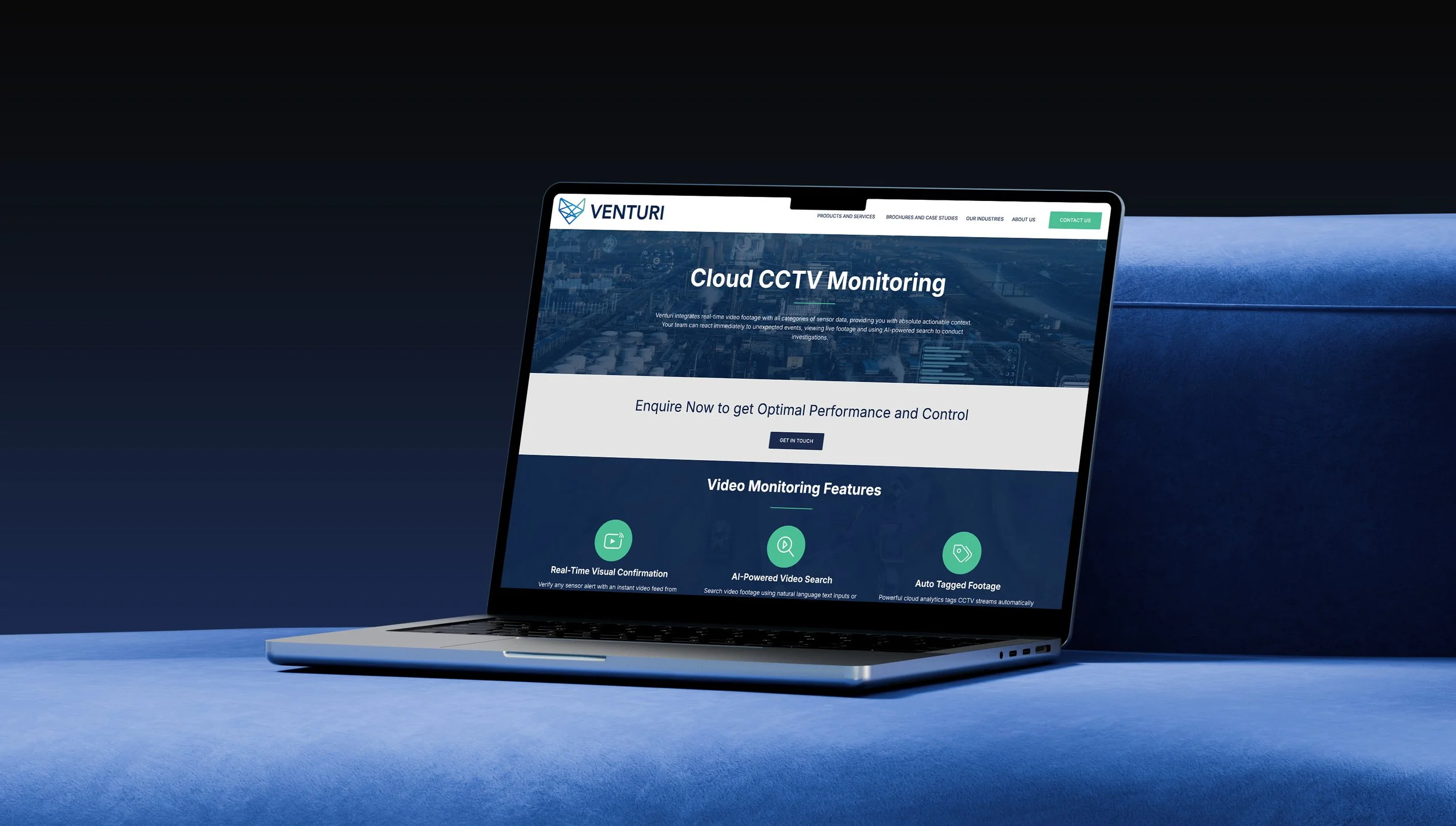 Laptop displaying Venturi Cloud CCTV Monitoring platform symbolising Arrow’s custom software development, UX design, and AI integration services.