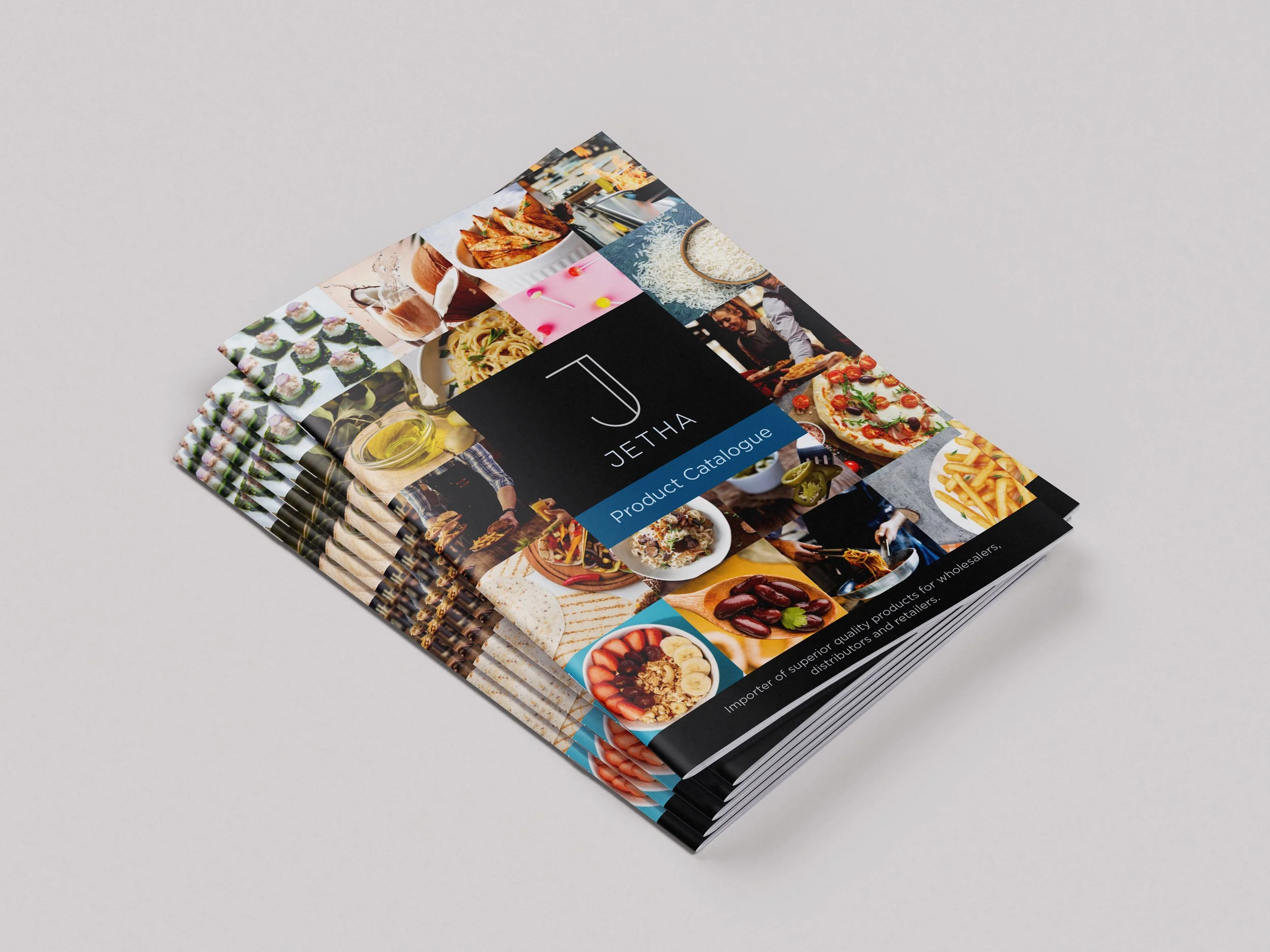 Stack of Jetha Product Catalogues showcasing Arrow’s food and beverage branding, graphic design, and product marketing content production services.