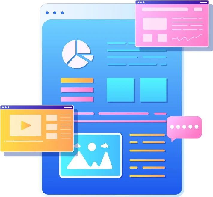 Digital dashboard illustration showing charts, graphs, and content elements — representing Arrow’s onsite SEO services, technical SEO audits, and data-driven optimisation for Australian websites.