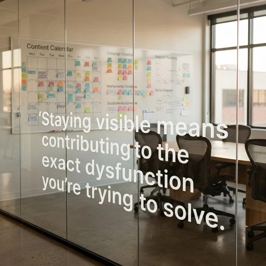 Content calendar on a meeting room whiteboard showing the tension between digital visibility and information overload.