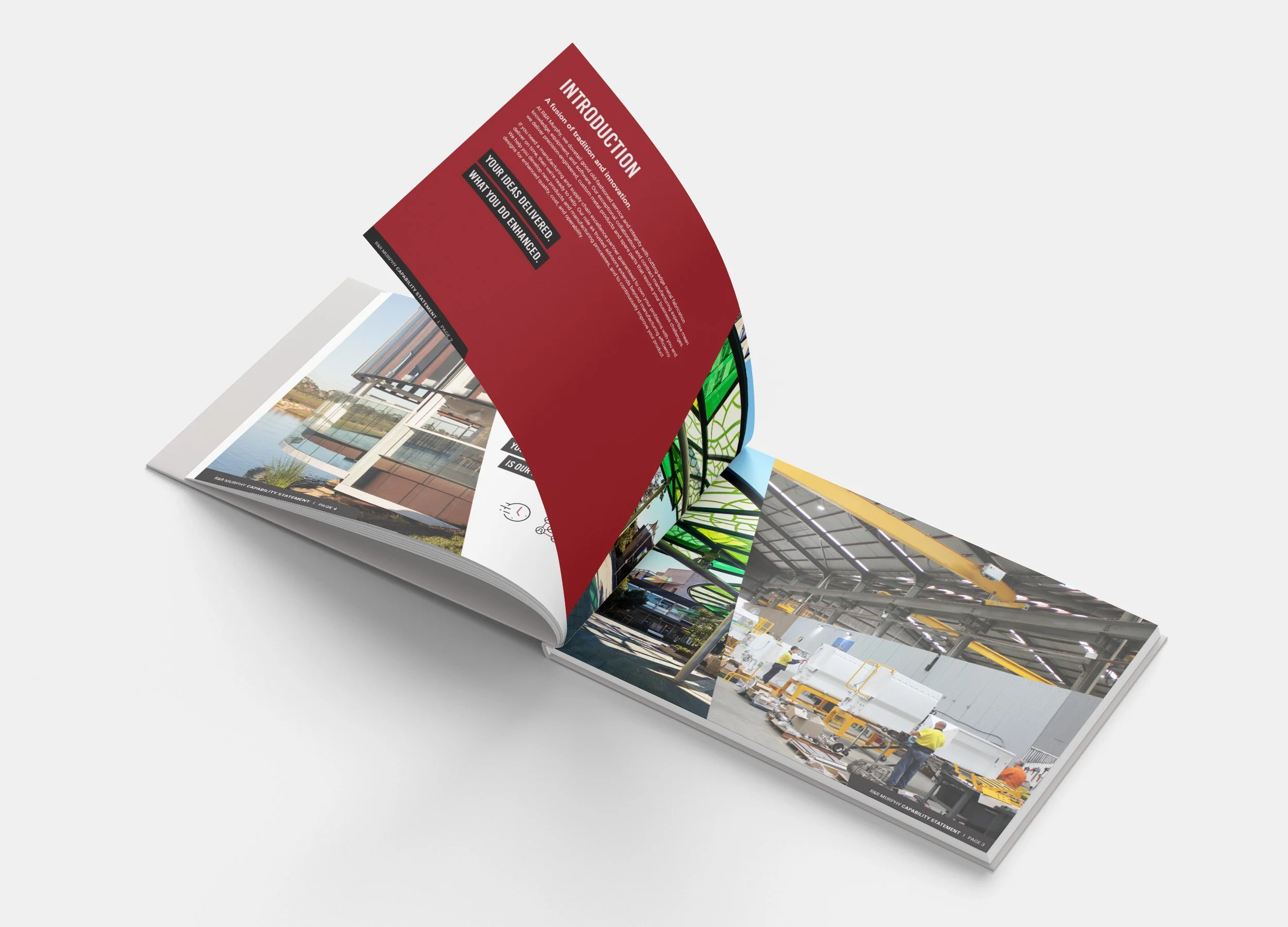 Open R&R Murphy Capability Statement magazine showcasing Arrow’s photography, graphic design, value proposition design, and AI-assisted creative production for industrial branding.