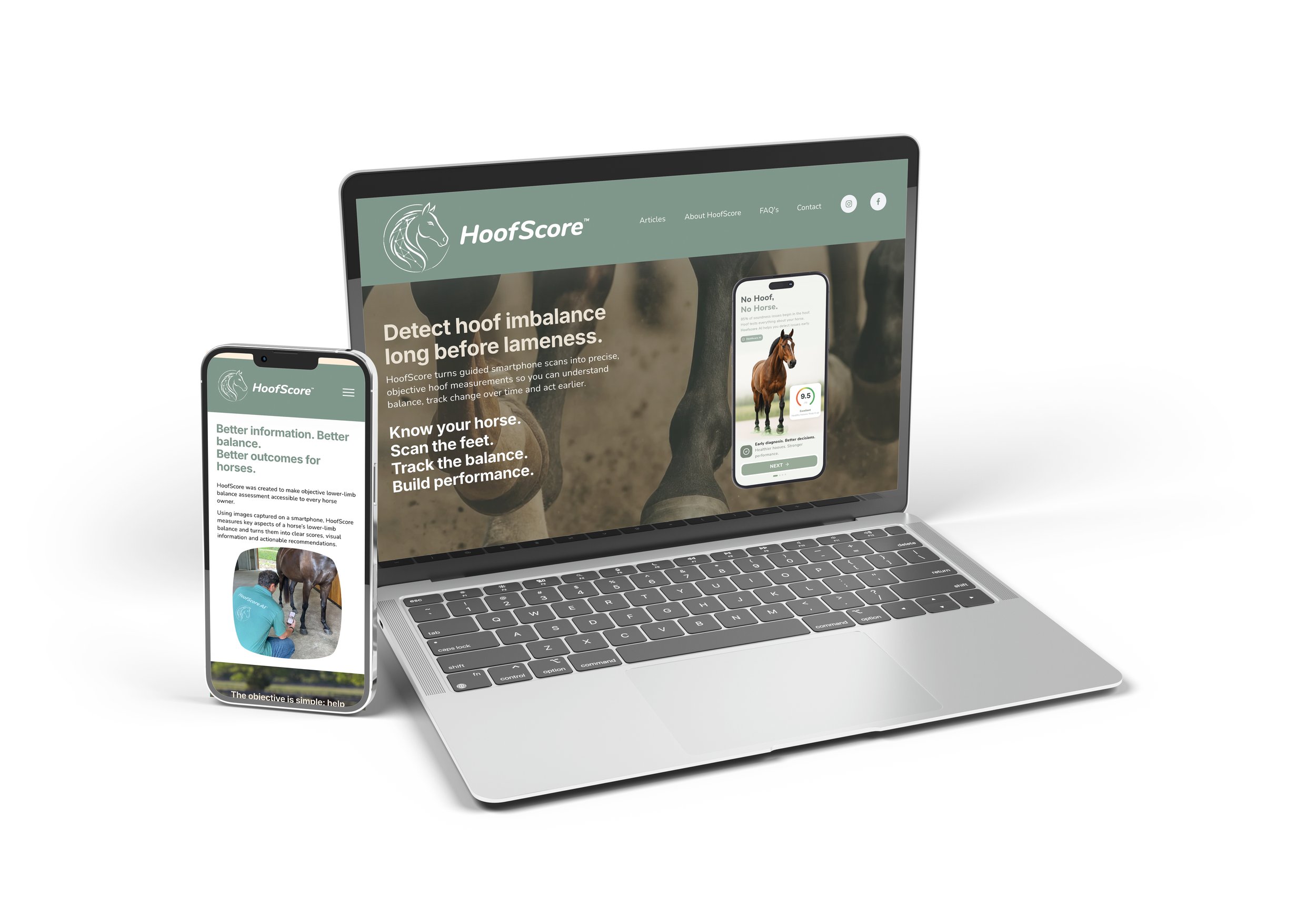 HoofScore website displayed on laptop and smartphone, presenting the horse hoof-balance monitoring app.