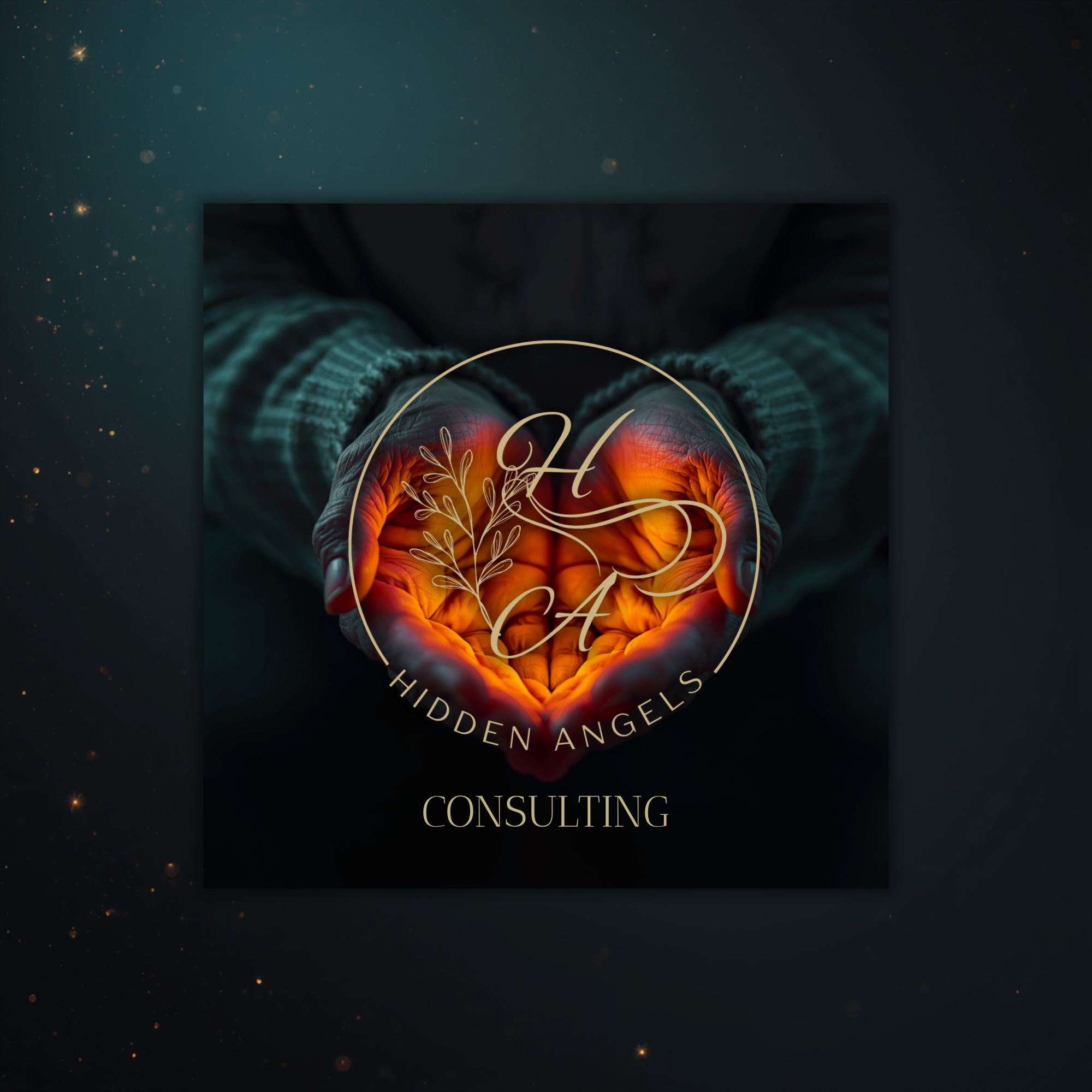 A person wearing gloves holding a glowing orange and red heart-shaped object with decorative overlay and text that reads "Hidden Angels Consulting."
