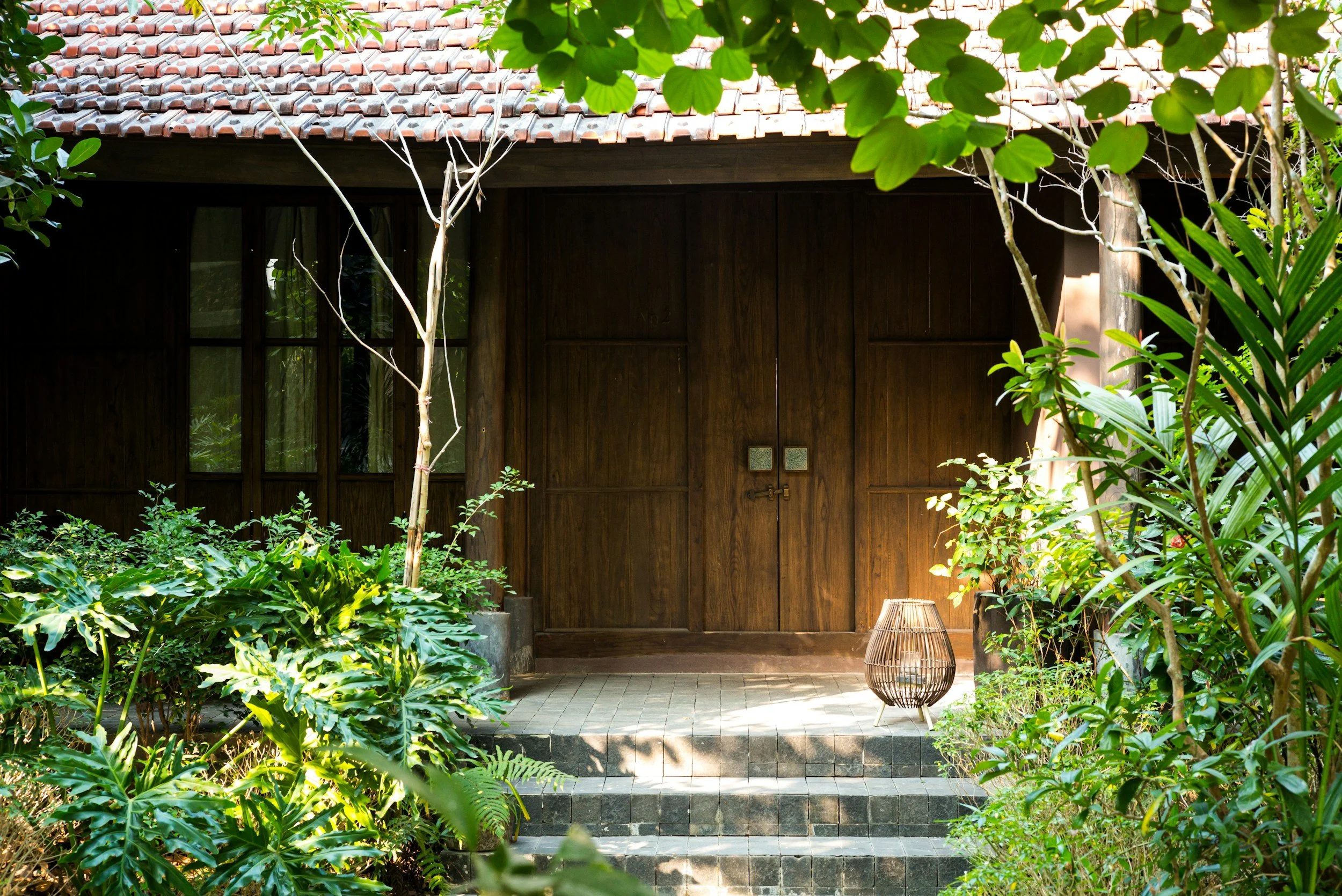 A wooden door on a house surrounded by lush green plants and trees, with a small lamp on the steps in front.