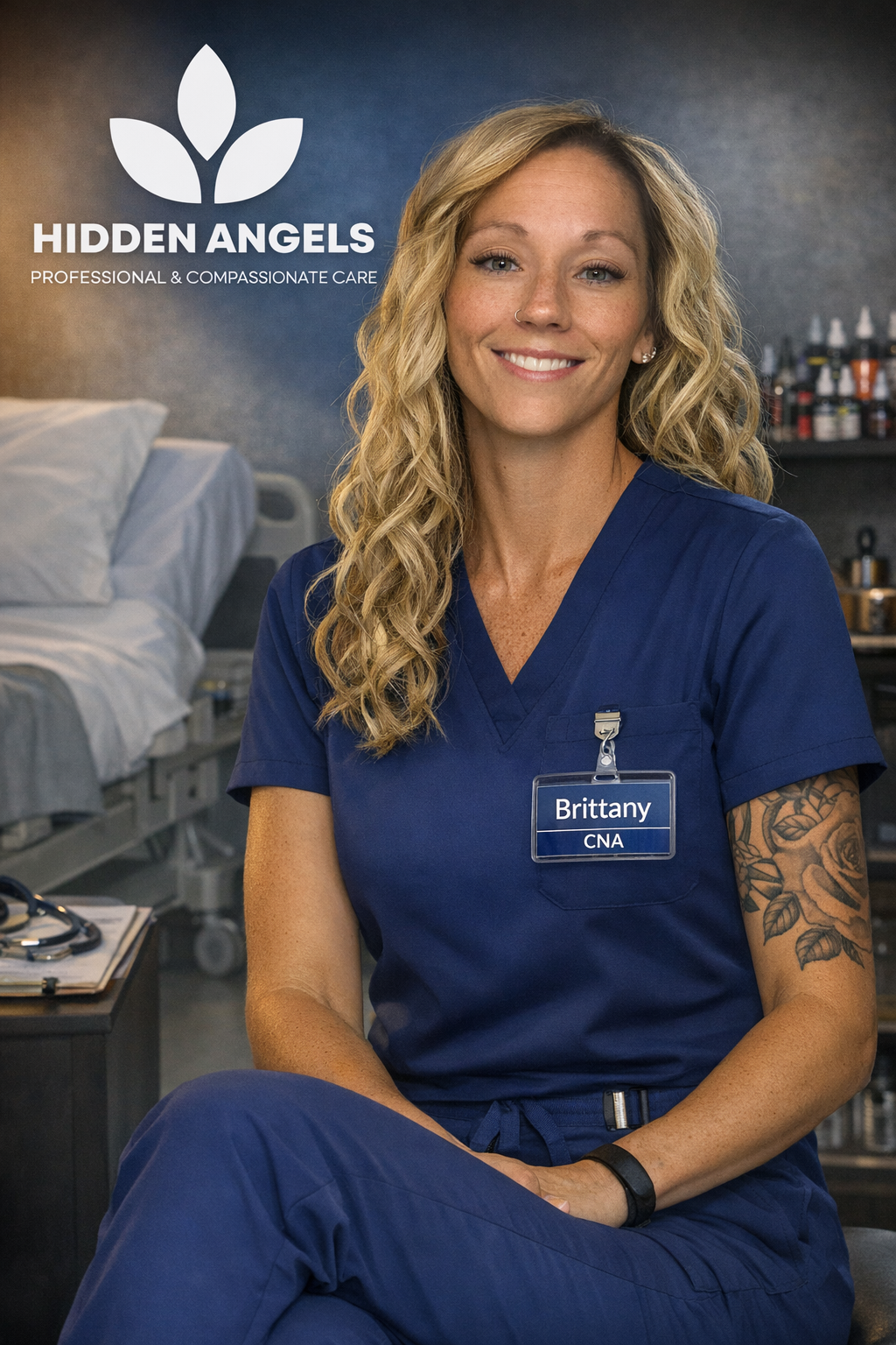 A woman with blonde curly hair and tattoos wearing blue scrubs with a name badge that says Brittanny, CNA, sitting in a medical setting with a bed and medical supplies in the background. Logo in the top left corner reads 'Hidden Angels Professional & Compassionate Care'.