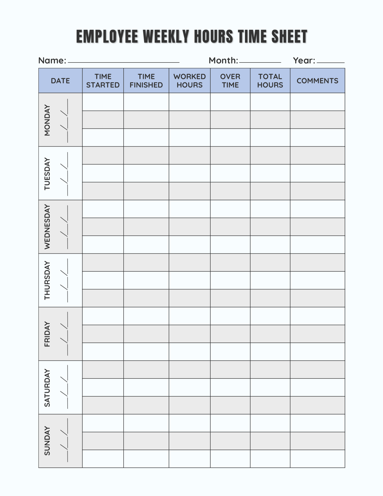 Weekly Timesheet-For Families to Use to Keep Track of Caregiver Hours