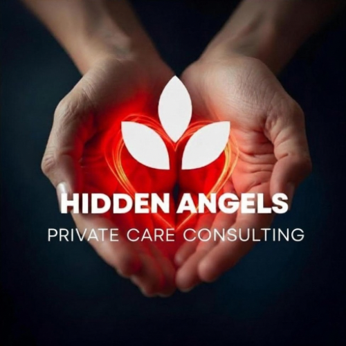 Two hands cupping a glowing heart with a white leaf logo and the text 'HIDDEN ANGELS PRIVATE CARE CONSULTING'.