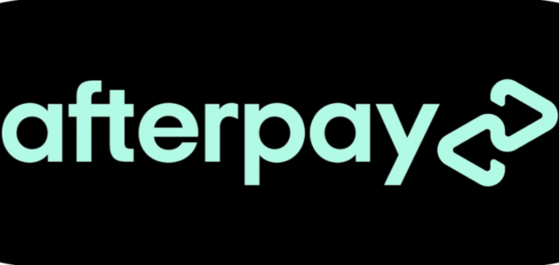 The word 'afterpay' in light blue text with a chain link icon on a black background.