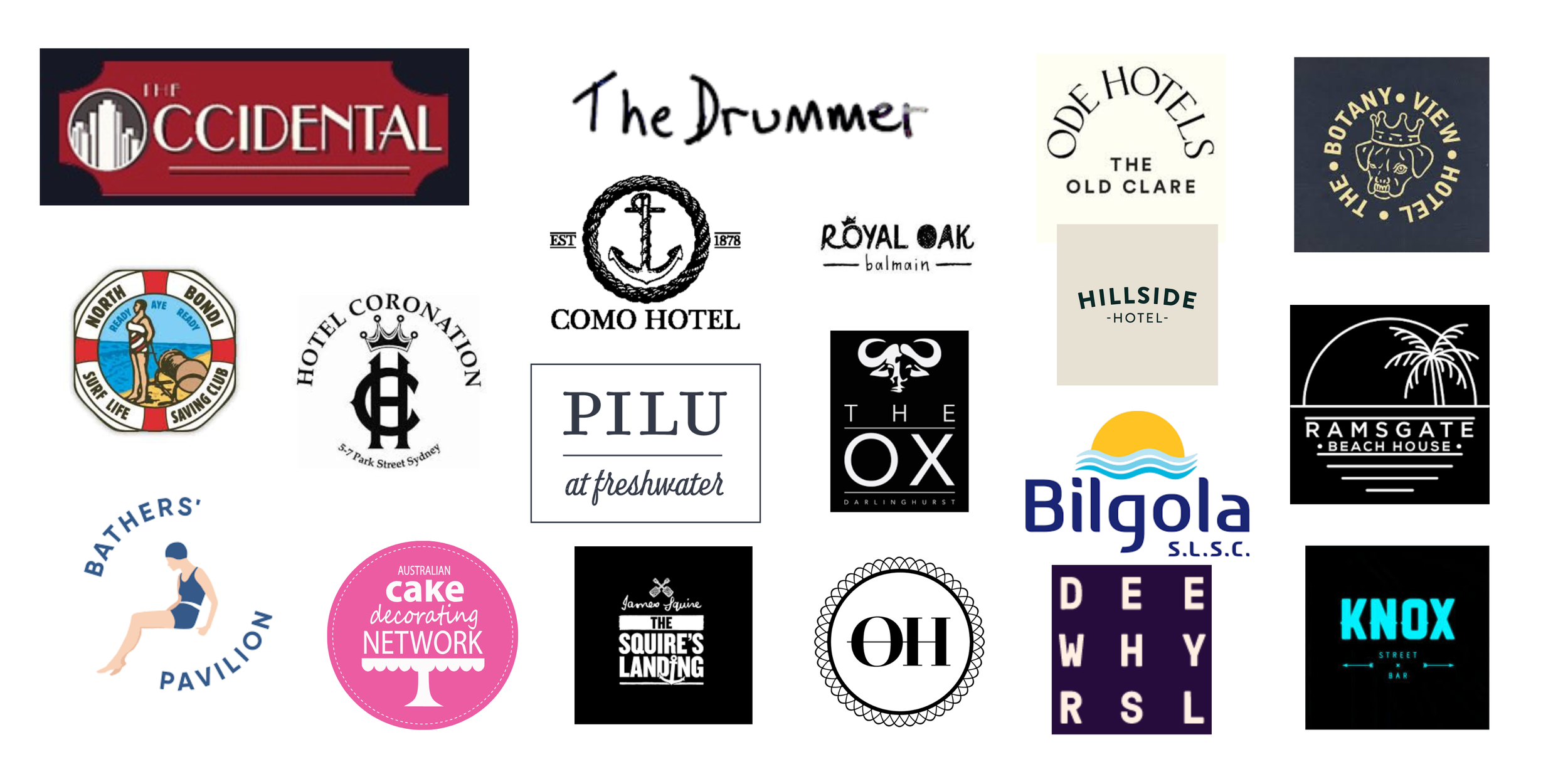 Collection of various logos and brand designs, including hotel, restaurant, and entertainment branding, arranged in a collage.