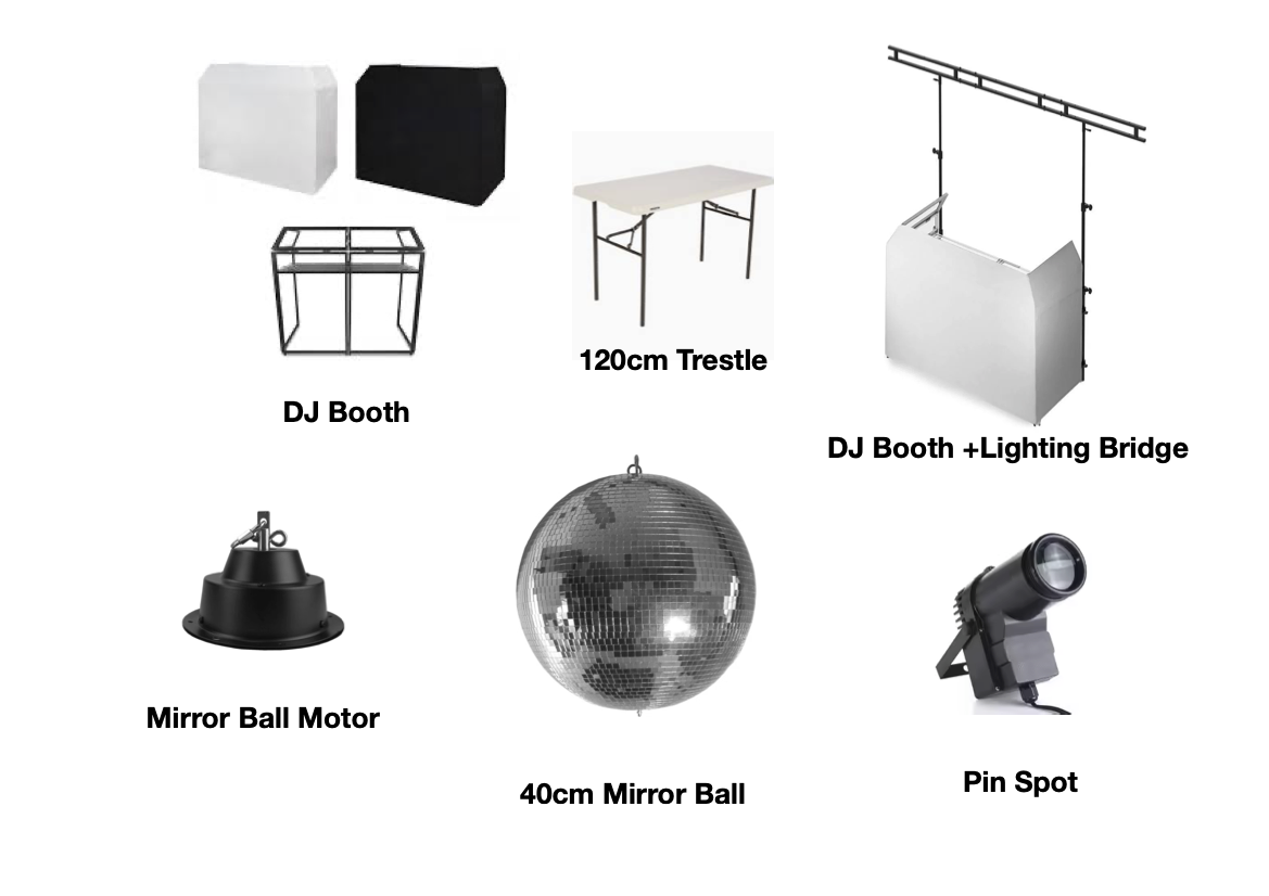 Collection of DJ equipment and accessories including a DJ booth, 120cm trestle, DJ booth with lighting bridge, mirror ball motor, 40cm mirror ball, pin spot light, and different foam blocks.