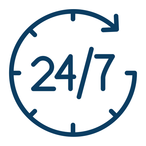 Icon of a clock with 24/7 inside it, representing 24-hour, 7-days service or availability.