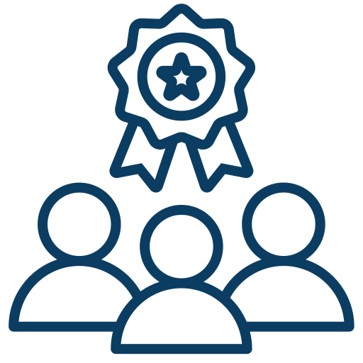 Icon of three people below a ribbon award with a star in the center, representing recognition or achievement.