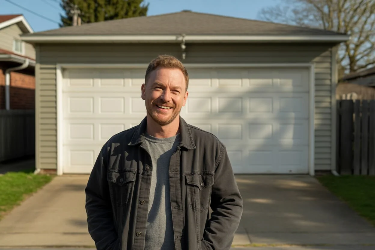 Man smiling standing in front of a closed garage door at a residential house during daytime.