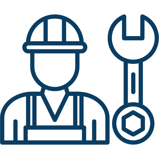 Icon of a worker wearing a safety helmet and apron next to a wrench.
