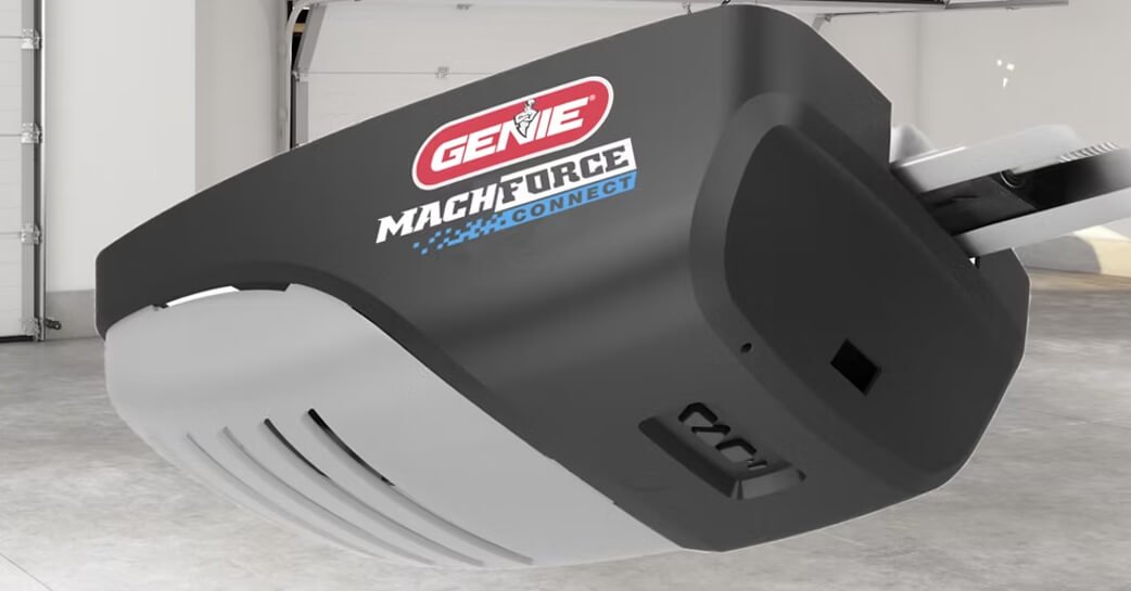 A Genie Machforce Connect automatic gate opener installed on a garage door.