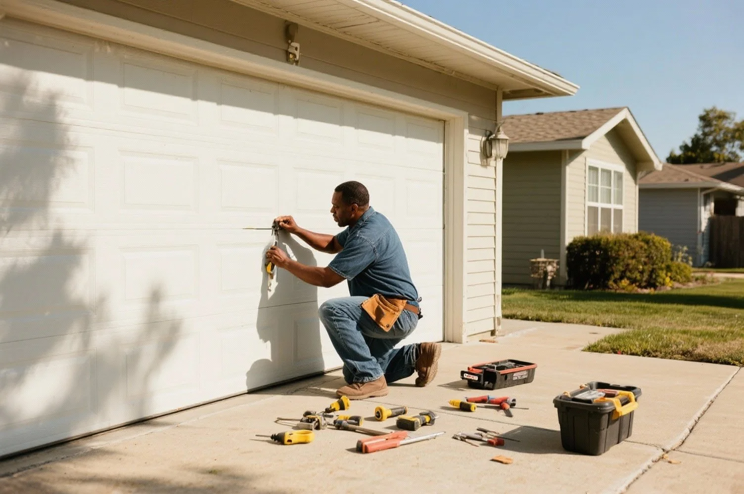 A man kneeling on the driveway, using tools to work on a white garage door, with a toolbox and various tools laid out around him.