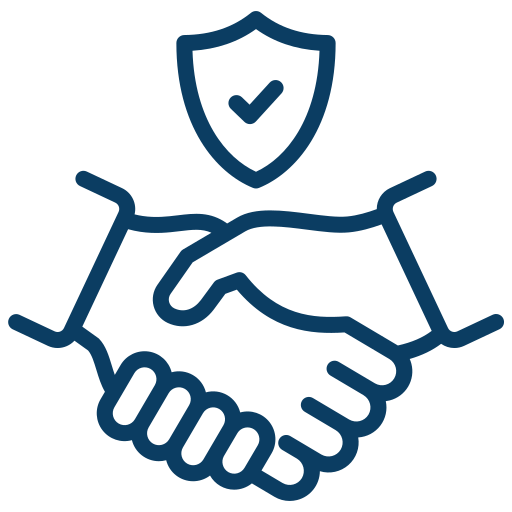 Icon of a handshake with a shield and checkmark above.