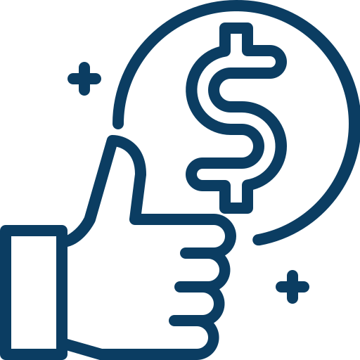 Line drawing of a hand giving a thumbs-up next to a dollar sign inside a circle, with plus signs around.