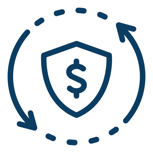Icon of a shield with a dollar sign in the center, surrounded by two circular arrows indicating protection or security associated with money.