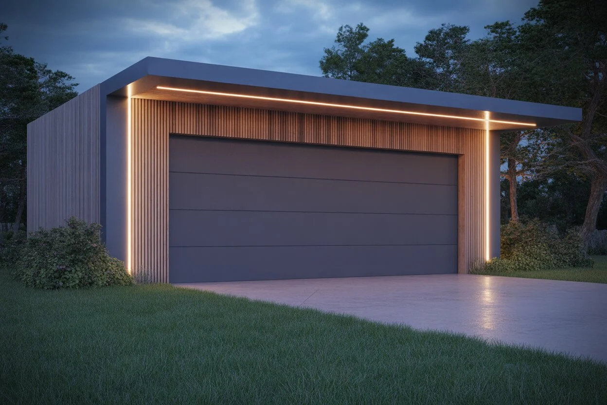 Modern garage with dark gray door, wood paneling, and LED lighting accents, surrounded by green grass and trees at dusk.