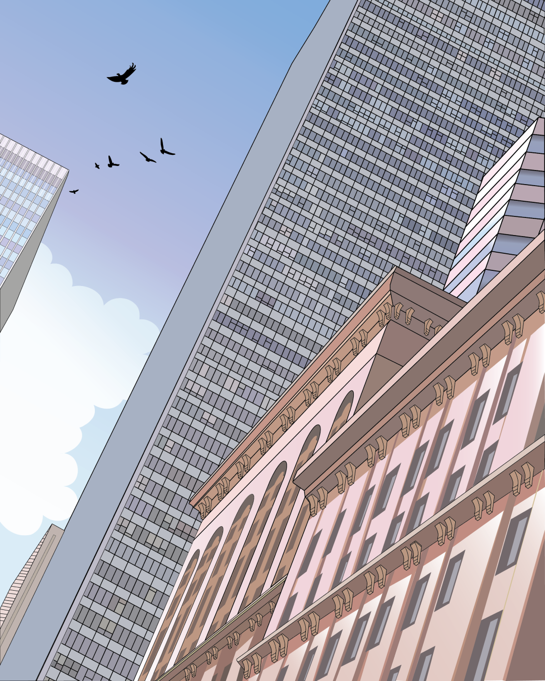 Illustration of skyscrapers in a city with a blue sky and birds flying overhead.