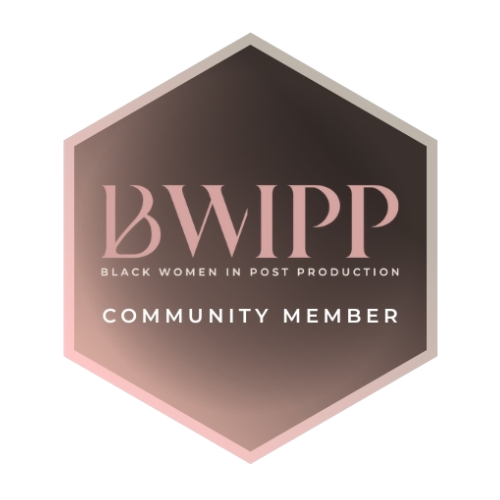 Badge with a hexagonal shape, pink and black gradient background, and the text 'BWIPP Black Women in Post Production Community Member.' 