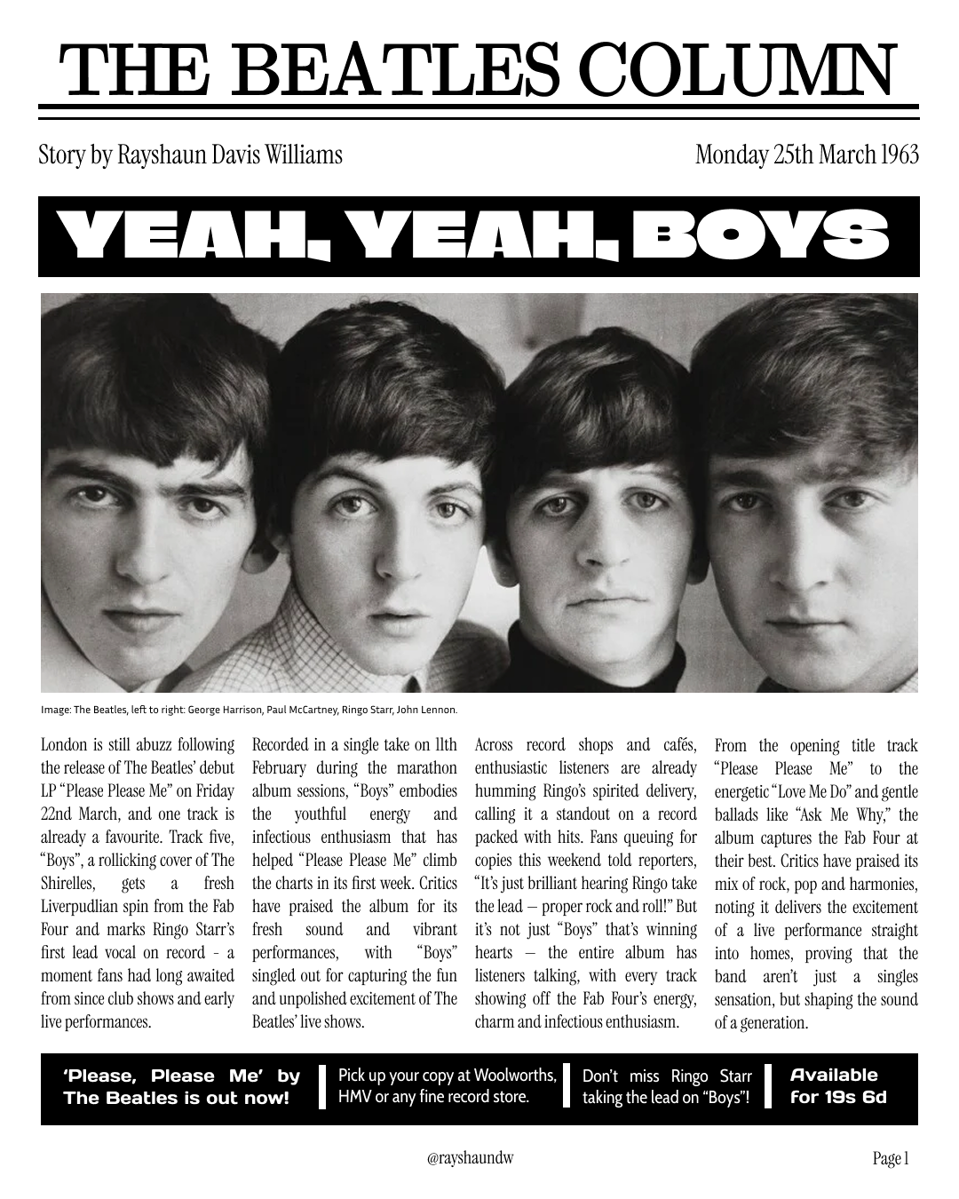 Front page of a newspaper from March 25, 1963, featuring The Beatles. The headline reads 'YEAH. YEAH. BOYS' and includes a black and white photo of the band members George Harrison, Paul McCartney, Ringo Starr, and John Lennon.
