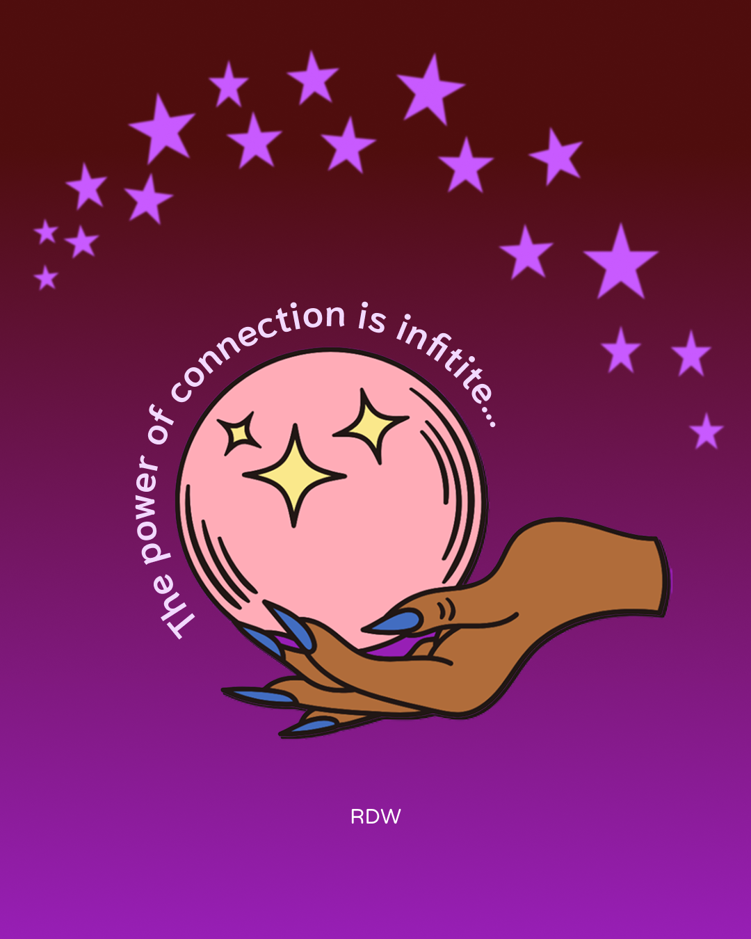 A cartoon illustration of a hand with long blue nails holding a pink crystal ball with three yellow stars inside. Surrounding the ball is an arc of purple stars against a dark purple to maroon gradient background. Text around the ball reads: 'The pow