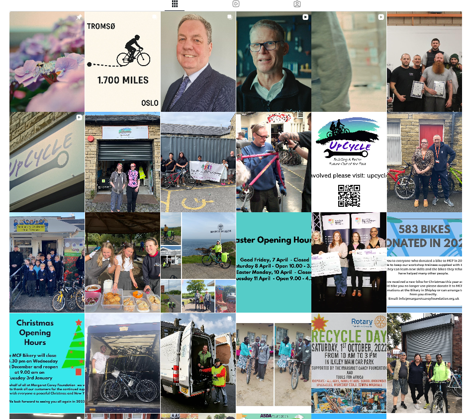 A collage of various photos including people at community events, bike-related activities, signs with opening hours, and recycling event advertisements.