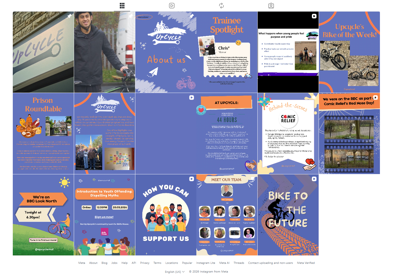 A collage of Instagram posts for Upcycle, featuring images of bicycles, team members, events, and promotional graphics with text about their activities, support programs, and team members.