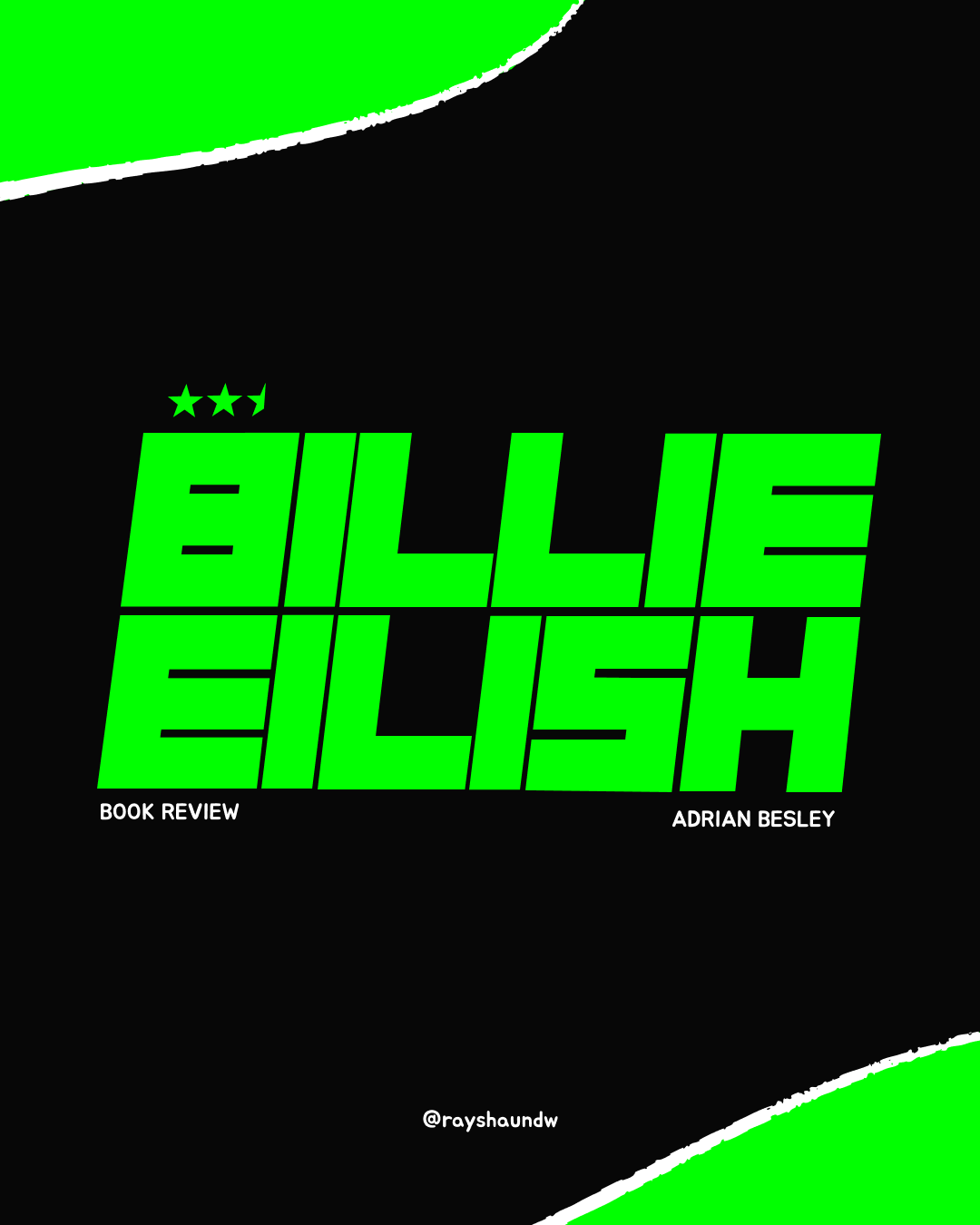 Book cover titled 'Billy English' with a black background and bright green text, featuring three green stars at the top. The author is Adrian Besley and there's a handle '@rayshaundw' at the bottom.