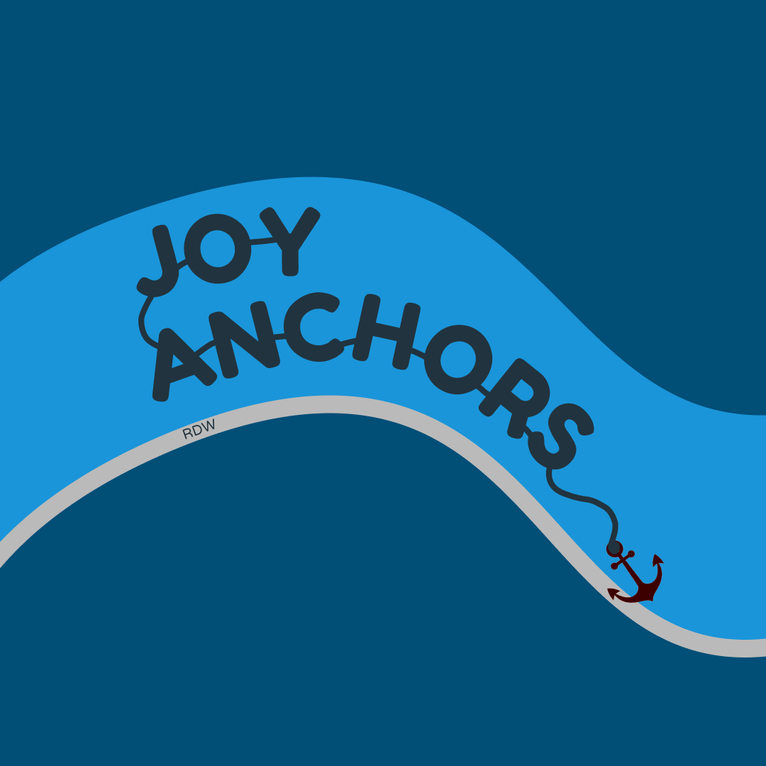 Graphic design with blue and dark blue waves, the text 'Joy Anchors' formed by a string attached to a small anchor, representing nautical theme.
