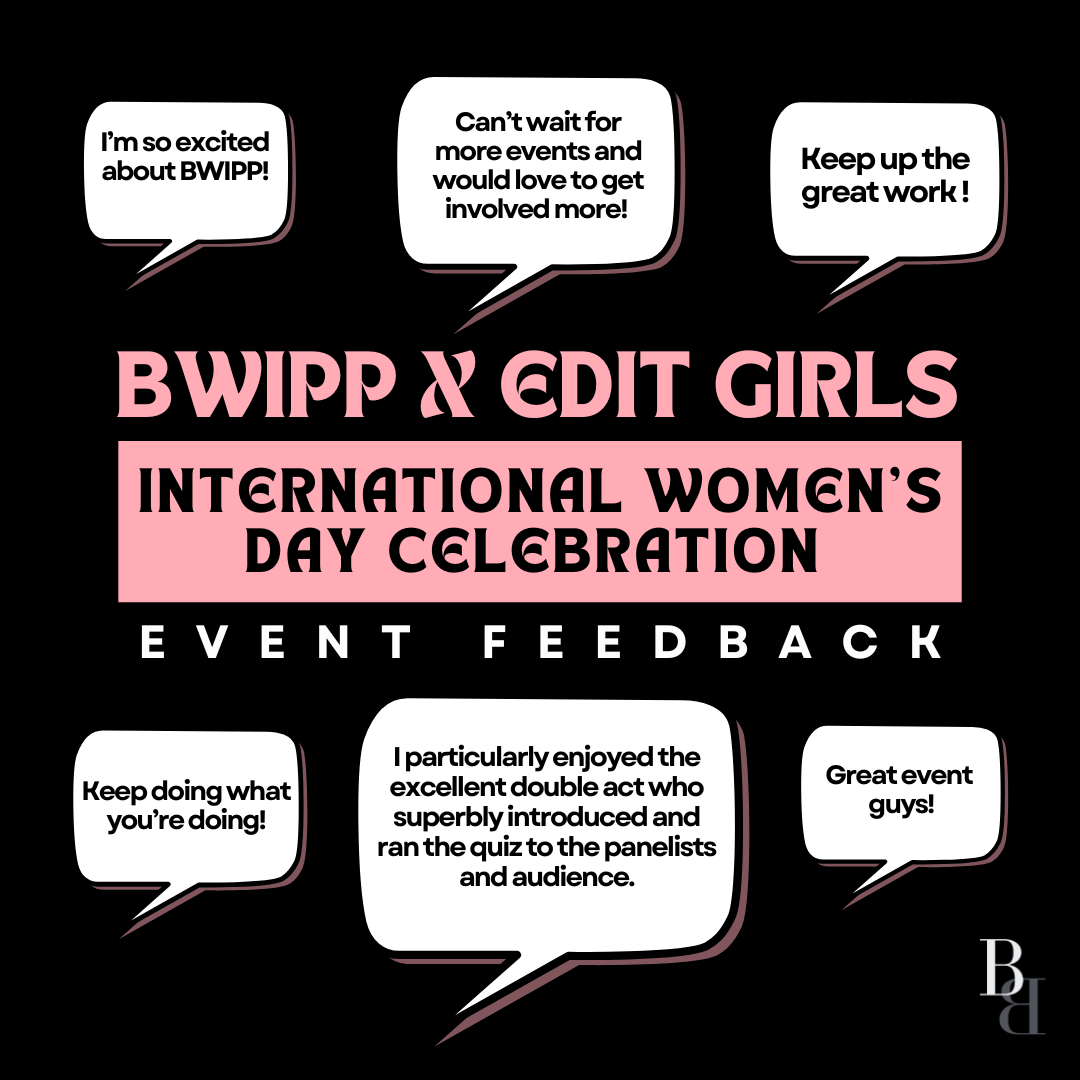 Pink and black poster celebrating International Women's Day with speech bubbles of feedback and comments about the event.