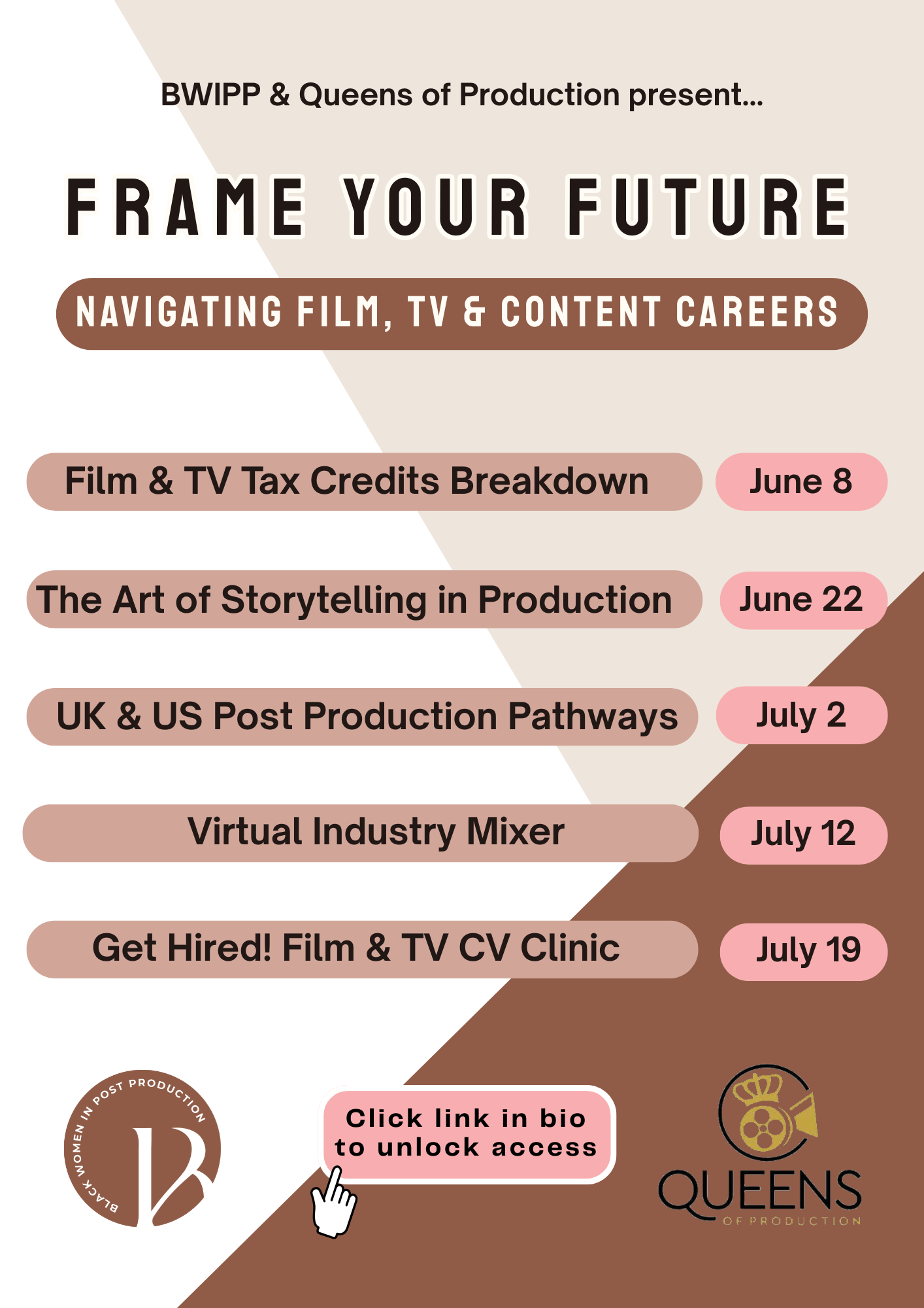 Event schedule poster titled 'Frame Your Future: Navigating Film, TV & Content Careers,' listing dates and topics for seminars in June and July, with logos for BWIPP, Queens of Production, Women in Post Production, and an icon of a film reel.