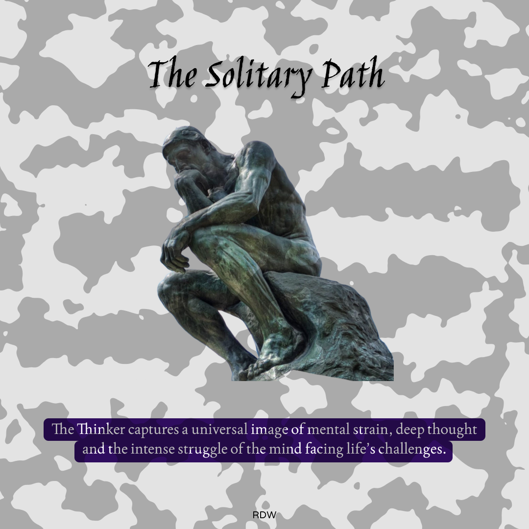Cover art featuring the statue of The Thinker, with the title 'The Solitary Path' and a description about mental strain and deep thought facing life's challenges.