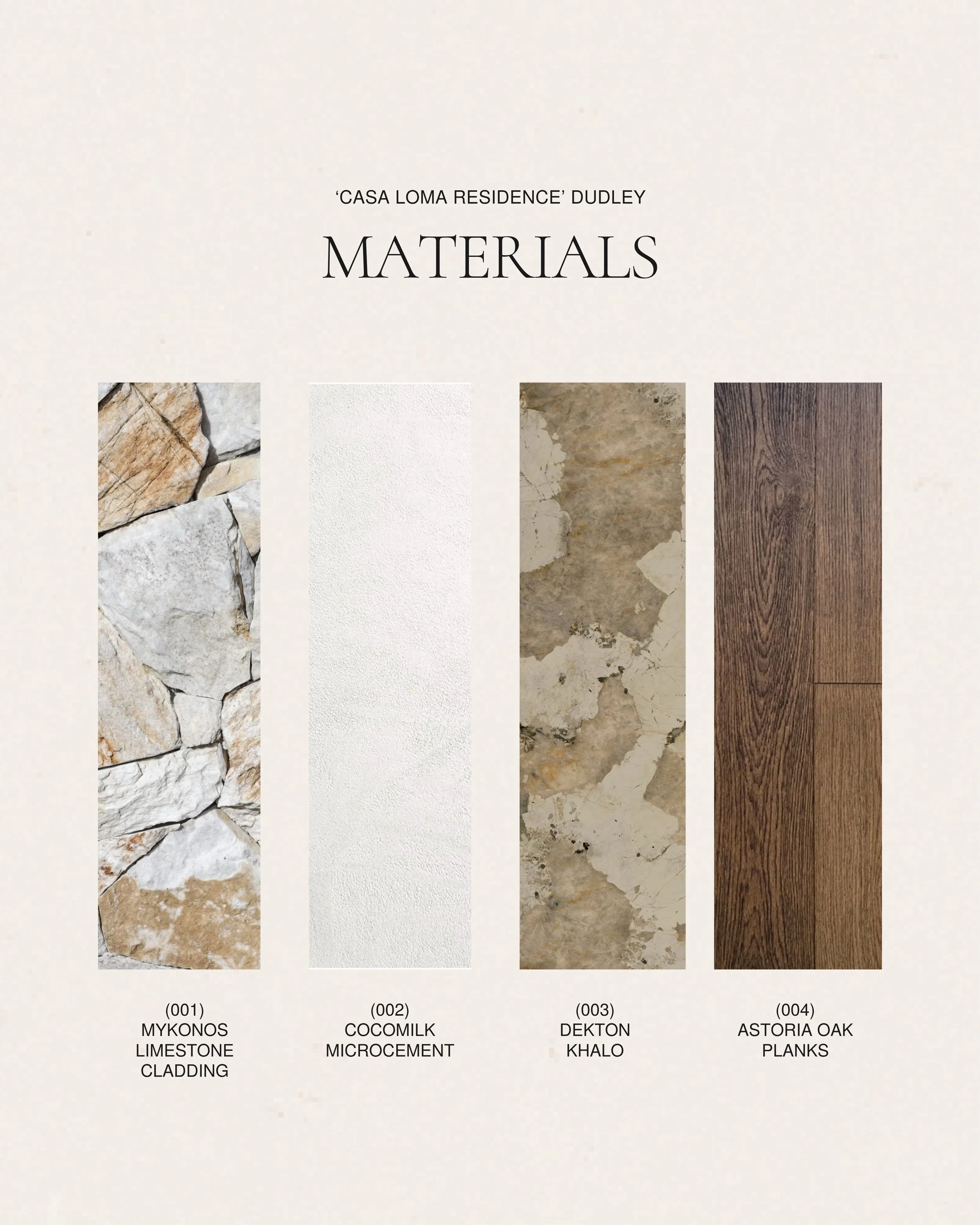 A palette grounded in nature, layered in texture, and designed to age beautifully.
Stone, microcement, plaster and timber - each material chosen to bring warmth, depth, and quiet cohesion to Casa Loma.

#materialpalette #interiordesign #timelessmater