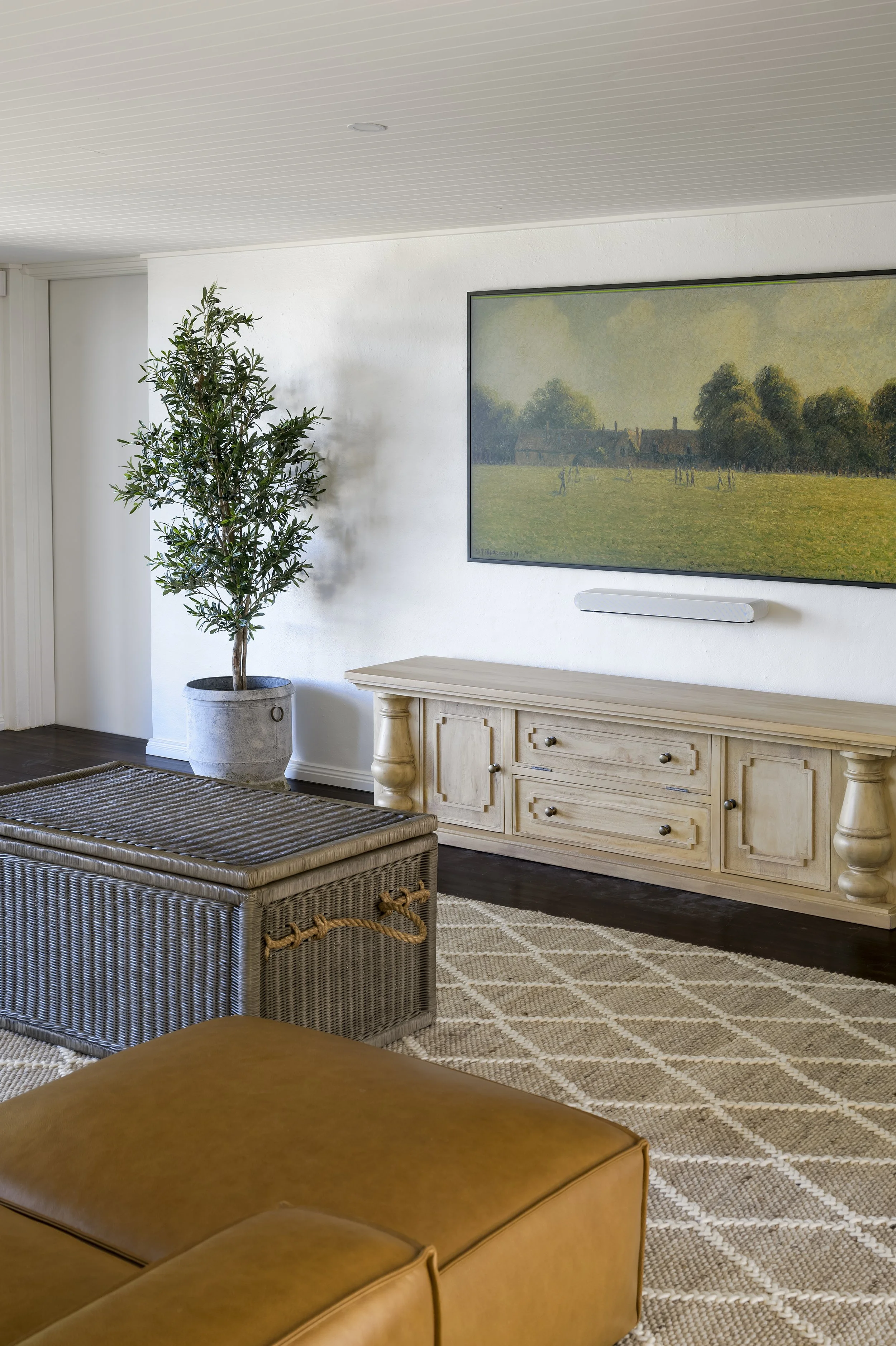 Living room with a large potted plant, a wooden TV console, a wall-mounted TV, and a wicker ottoman on a patterned rug.